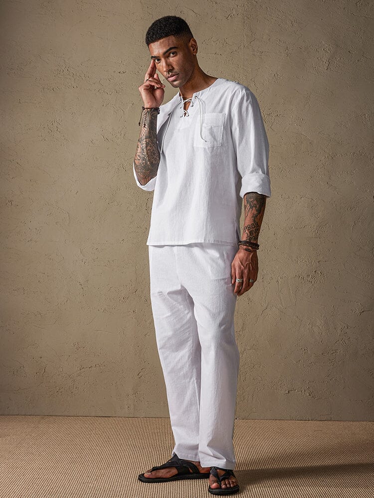 Uni Color Lang Ärmel Casual Baumwolle Leinen Set