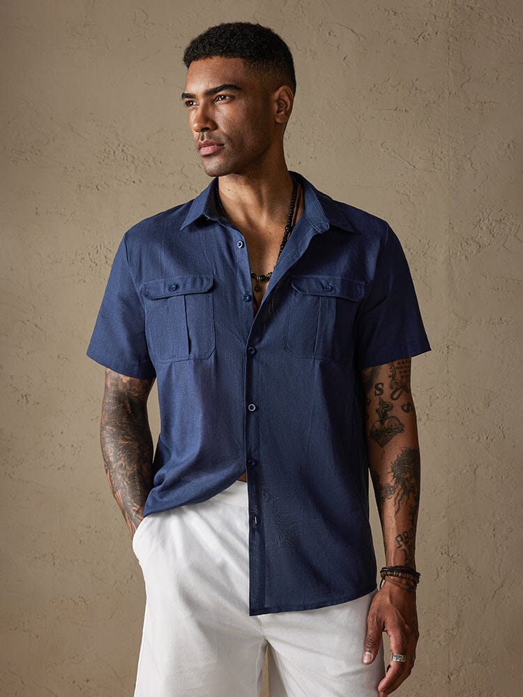 Baumwolle Leinen Uni Color Double Pockets Hemd