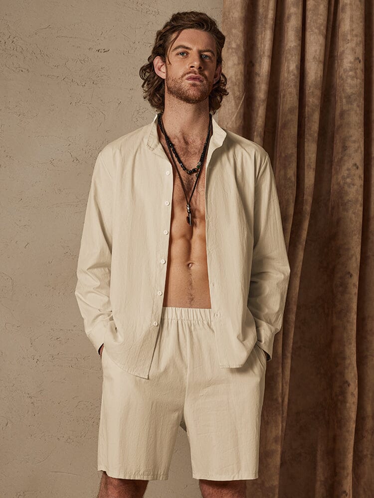 Casual Uni Color Baumwolle Leinen Strand Hemd Set