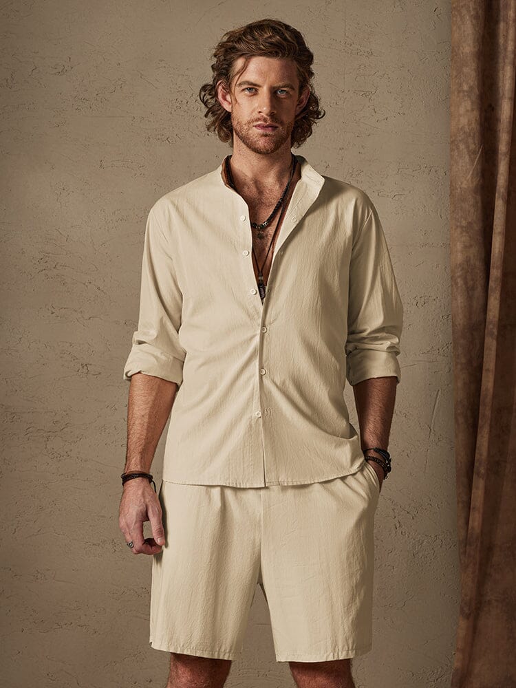 Casual Uni Color Baumwolle Leinen Strand Hemd Set