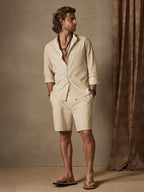 Casual Uni Color Baumwolle Leinen Strand Hemd Set