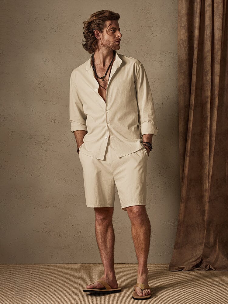 Casual Uni Color Baumwolle Leinen Strand Hemd Set