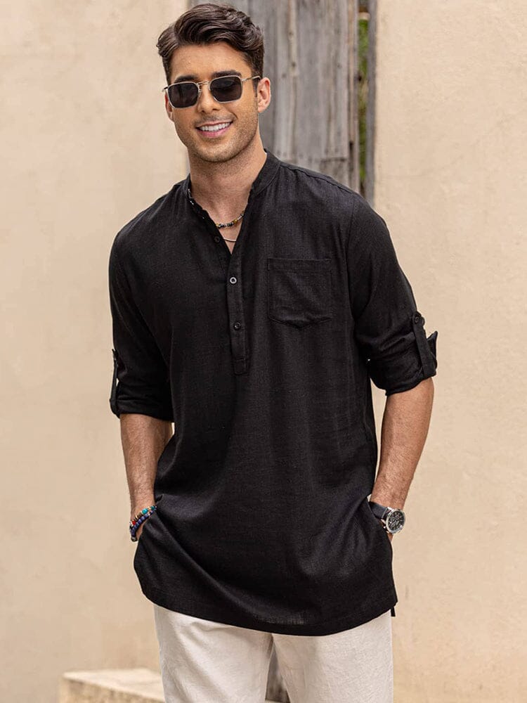 Leinen Henley Lang Ärmel Hemden with Pocket