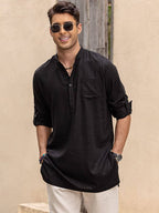 Leinen Henley Lang Ärmel Hemden with Pocket