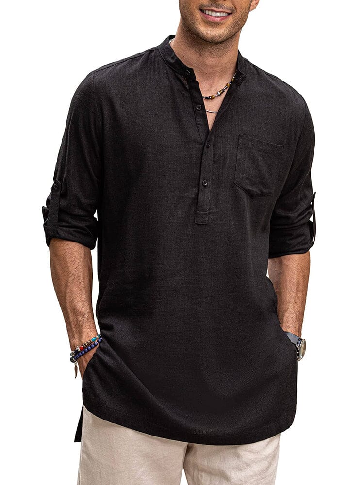 Leinen Henley Lang Ärmel Hemden with Pocket