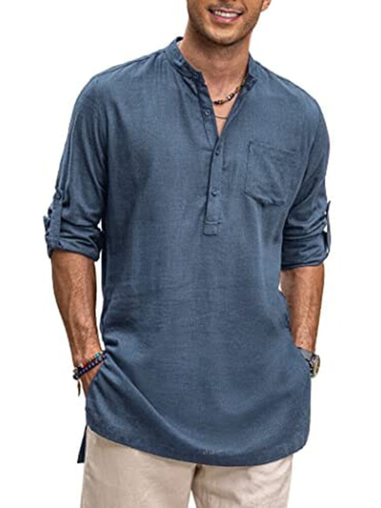 Leinen Henley Lang Ärmel Hemden with Pocket
