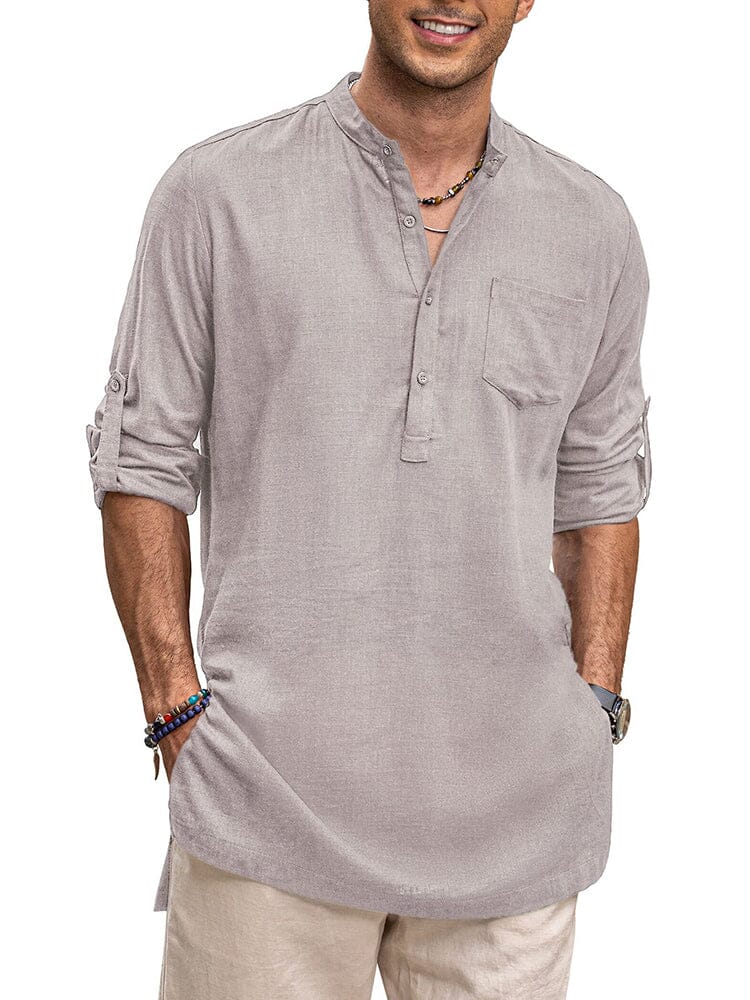 Leinen Henley Lang Ärmel Hemden with Pocket
