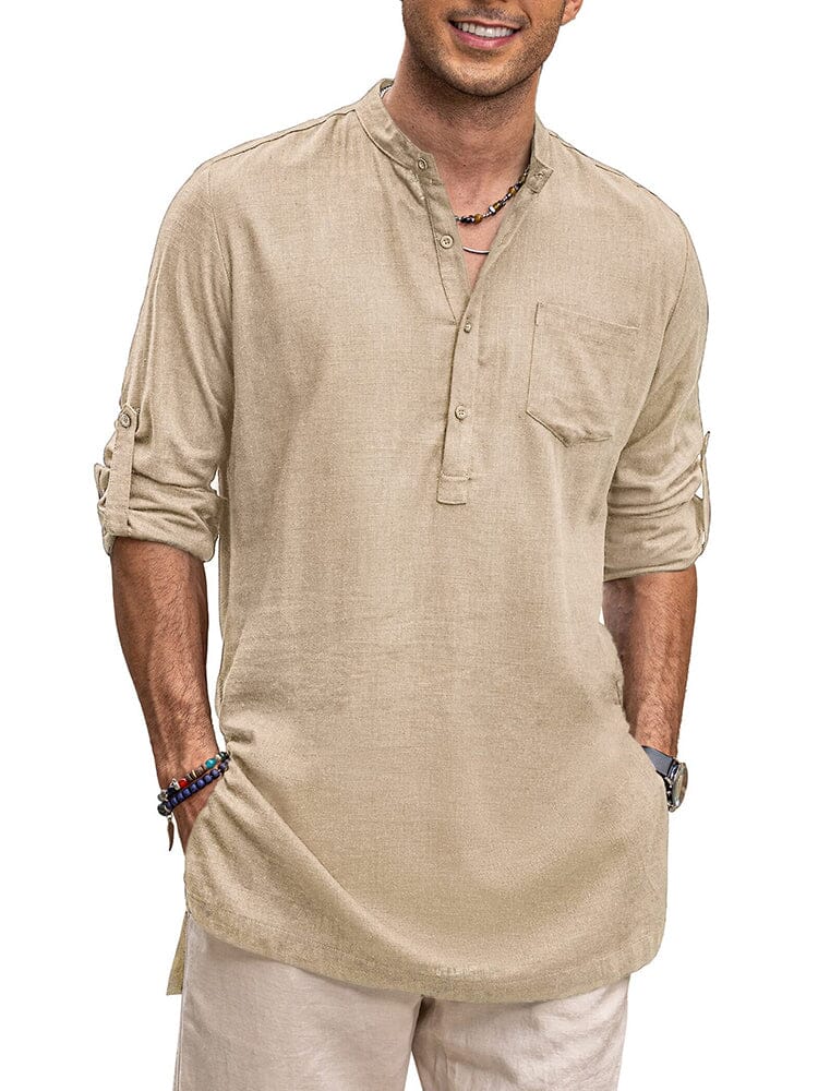 Leinen Henley Lang Ärmel Hemden with Pocket