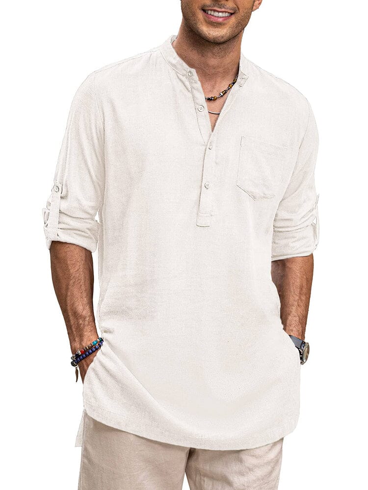 Leinen Henley Lang Ärmel Hemden with Pocket