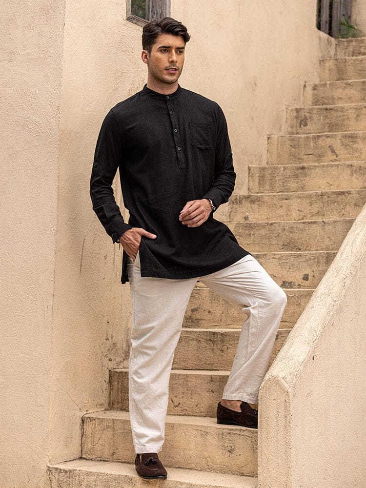 Leinen Henley Lang Ärmel Hemden with Pocket