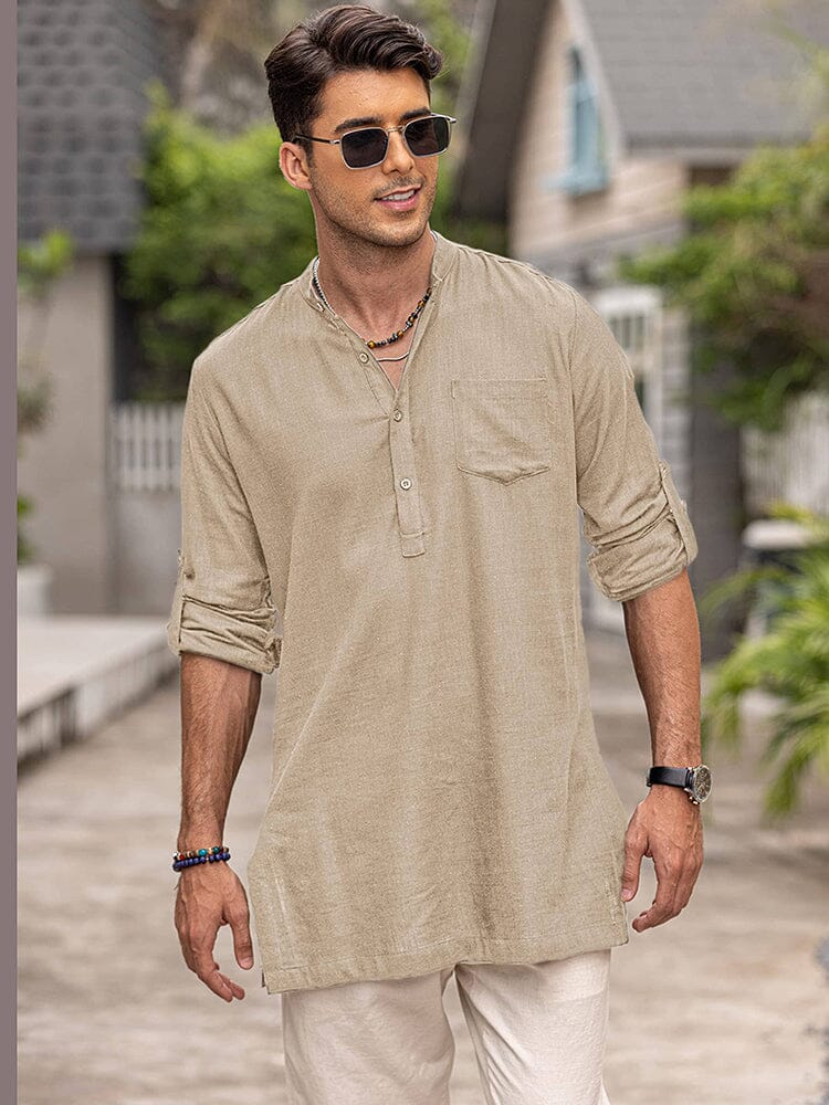 Leinen Henley Lang Ärmel Hemden with Pocket