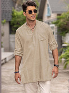 Leinen Henley Lang Ärmel Hemden with Pocket