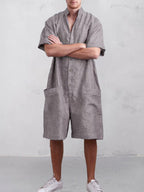 Stand Kragen Baumwolle Leinen Jumpsuit