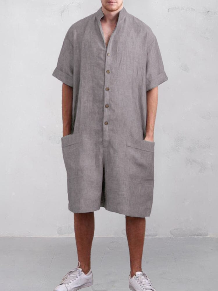 Stand Kragen Baumwolle Leinen Jumpsuit