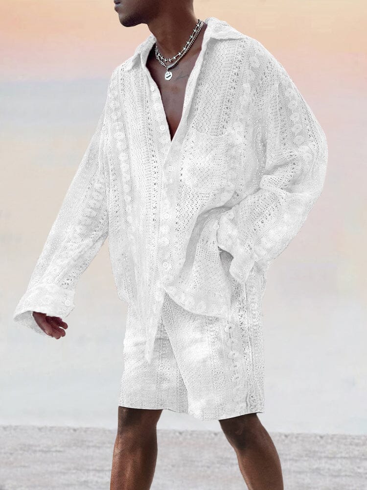 Casual Baumwolle Hollow Lace Hemd Set