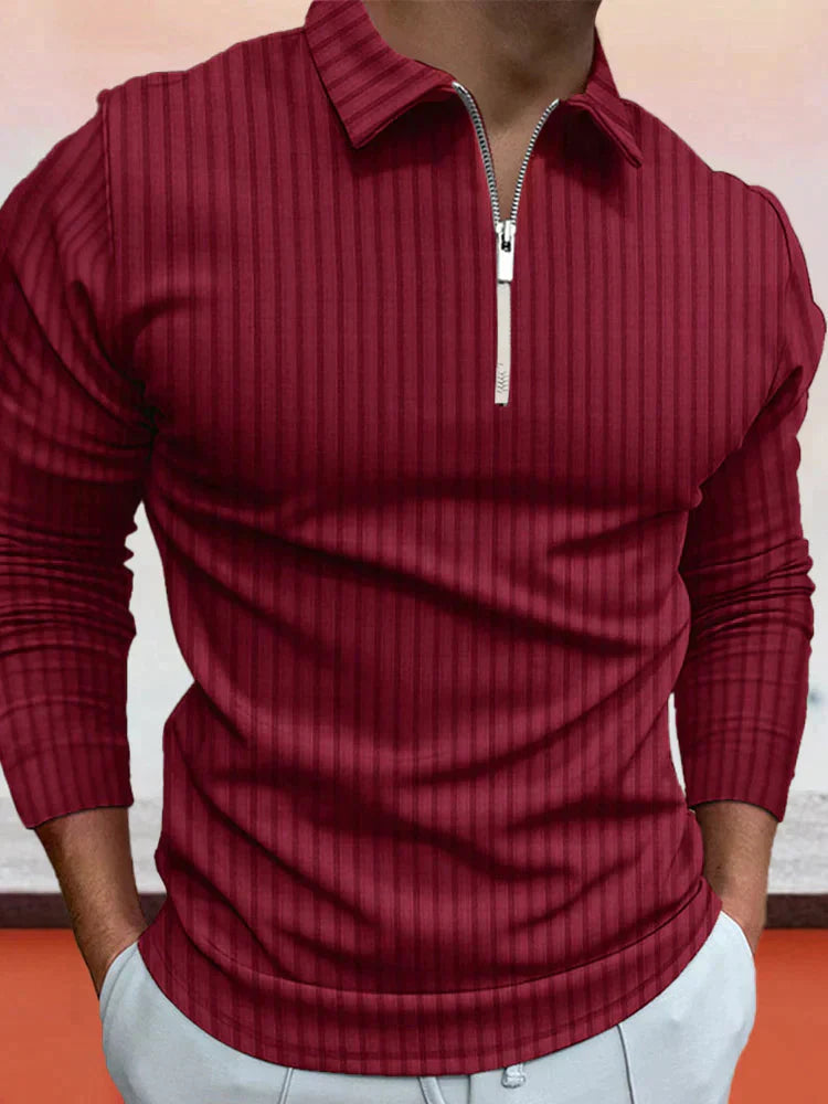 Zipper Stripe Lang Ärmel Polo Hemd