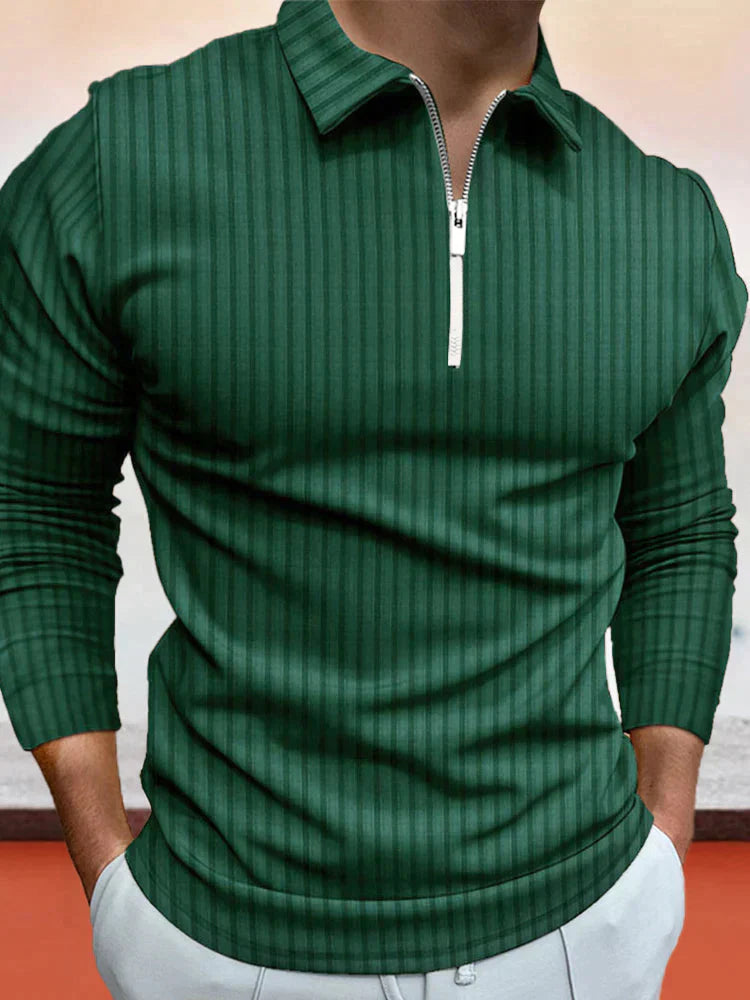 Zipper Stripe Lang Ärmel Polo Hemd