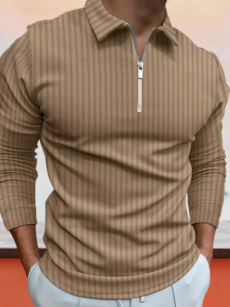 Zipper Stripe Lang Ärmel Polo Hemd