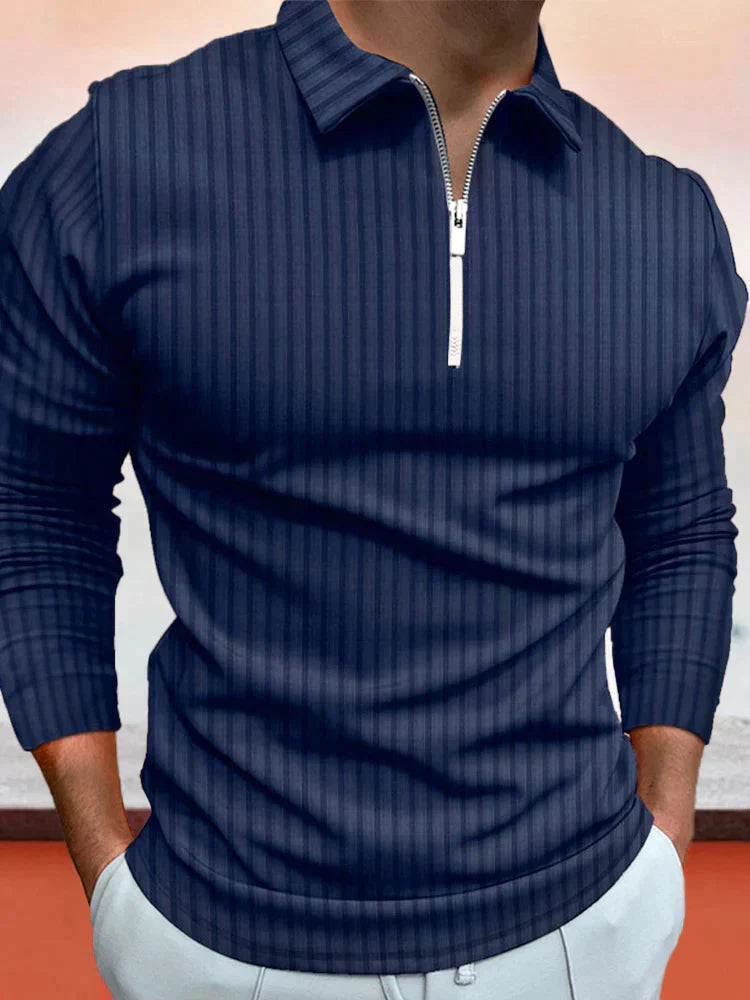 Zipper Stripe Lang Ärmel Polo Hemd