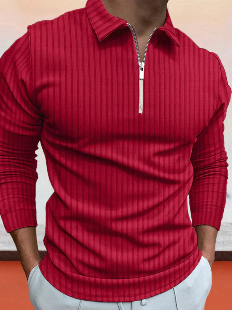Zipper Stripe Lang Ärmel Polo Hemd