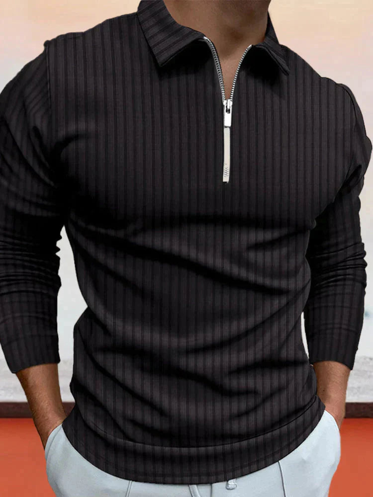 Zipper Stripe Lang Ärmel Polo Hemd