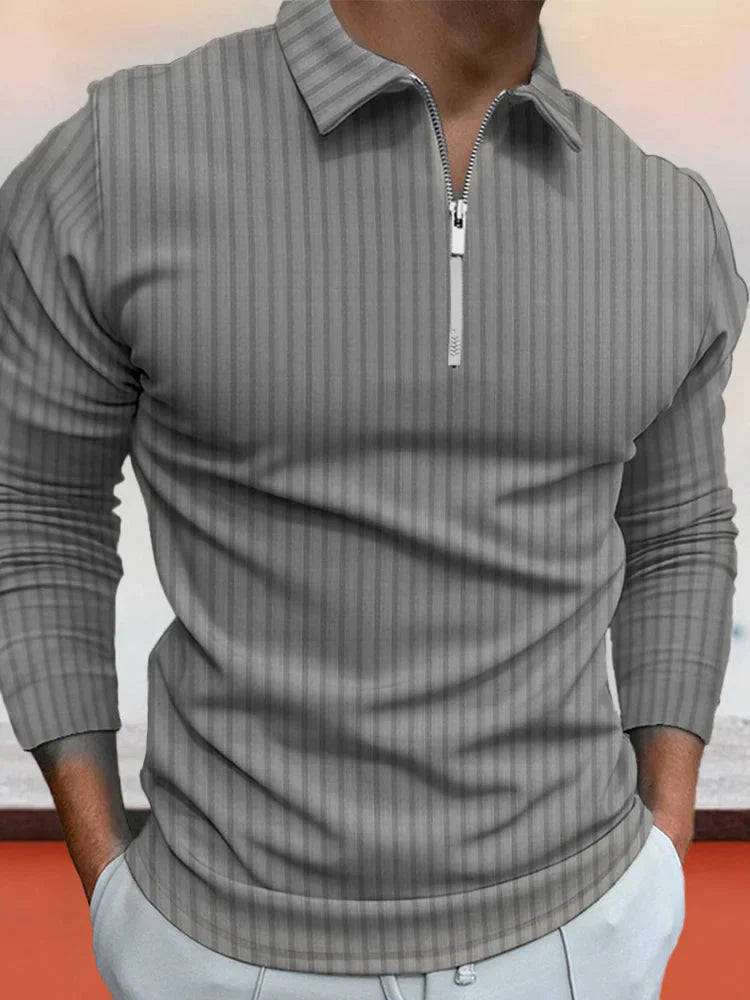Zipper Stripe Lang Ärmel Polo Hemd
