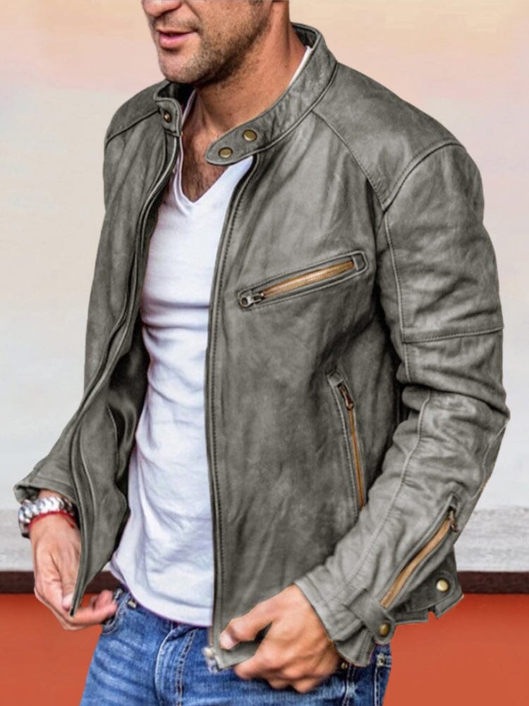 Uni Color Zipper PU Leather Jacke