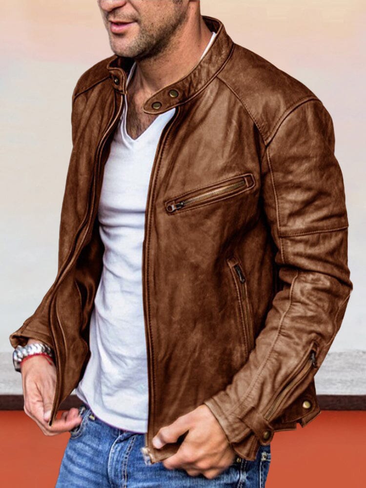 Uni Color Zipper PU Leather Jacke
