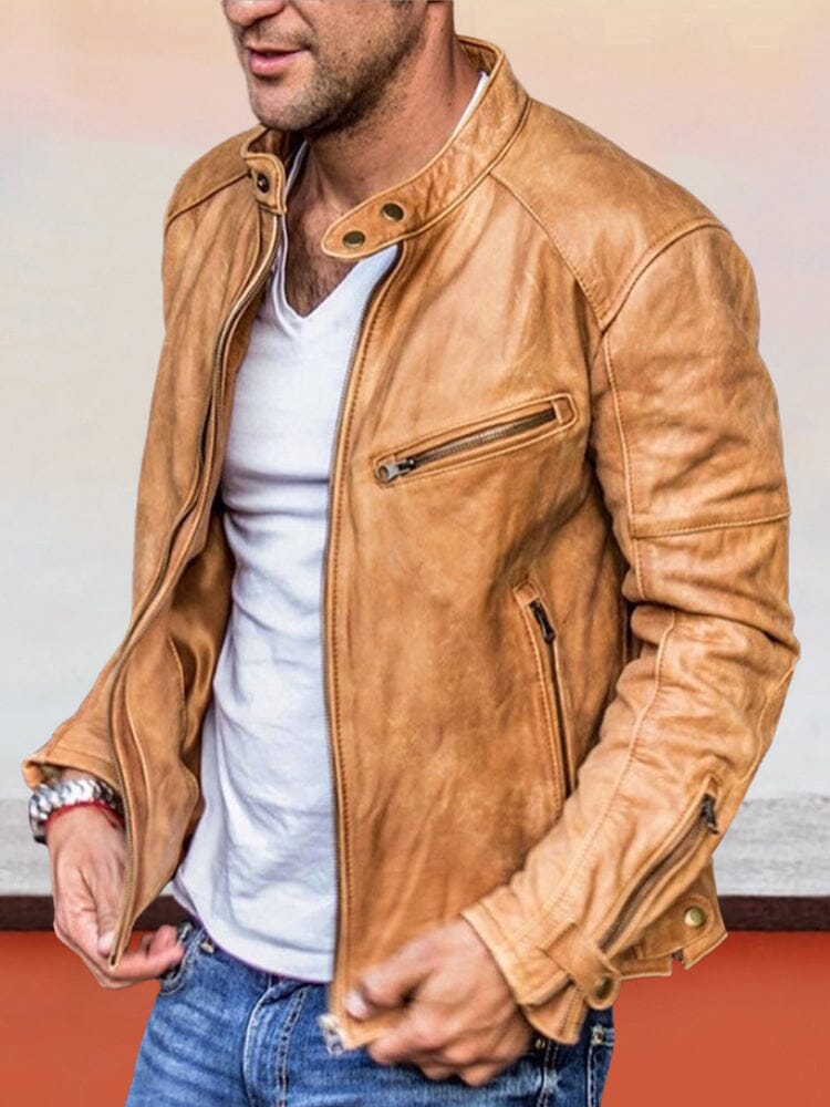 Uni Color Zipper PU Leather Jacke