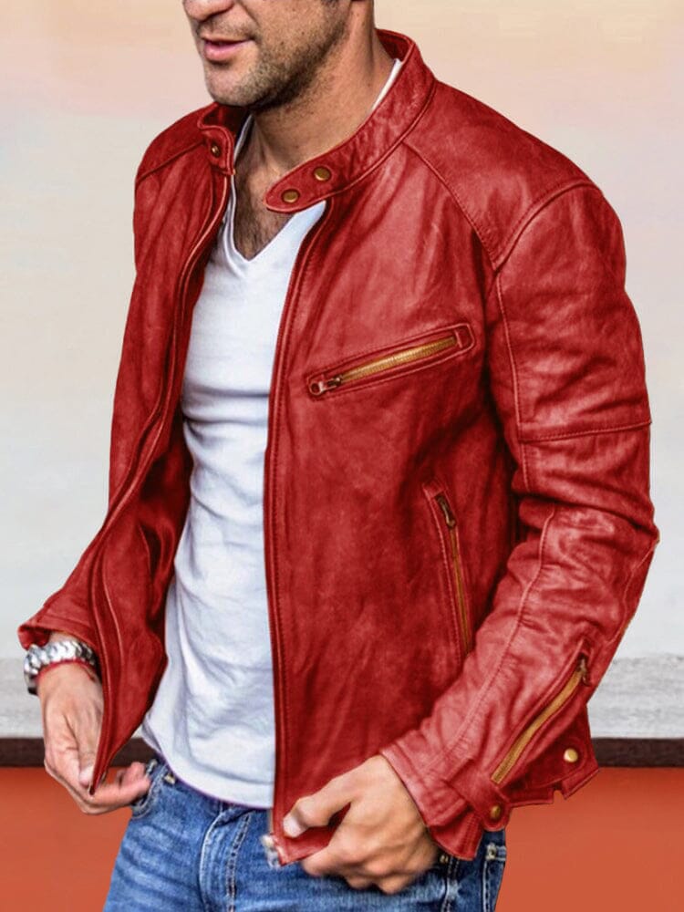 Uni Color Zipper PU Leather Jacke