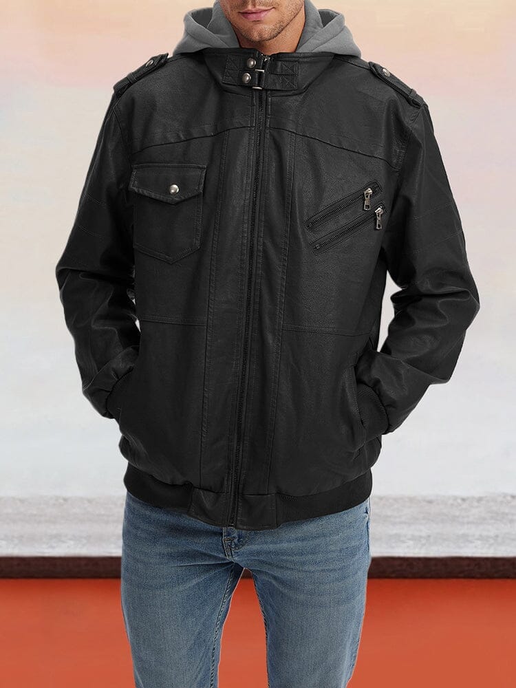 Leather PU Jacke with Abnehmbare Hut