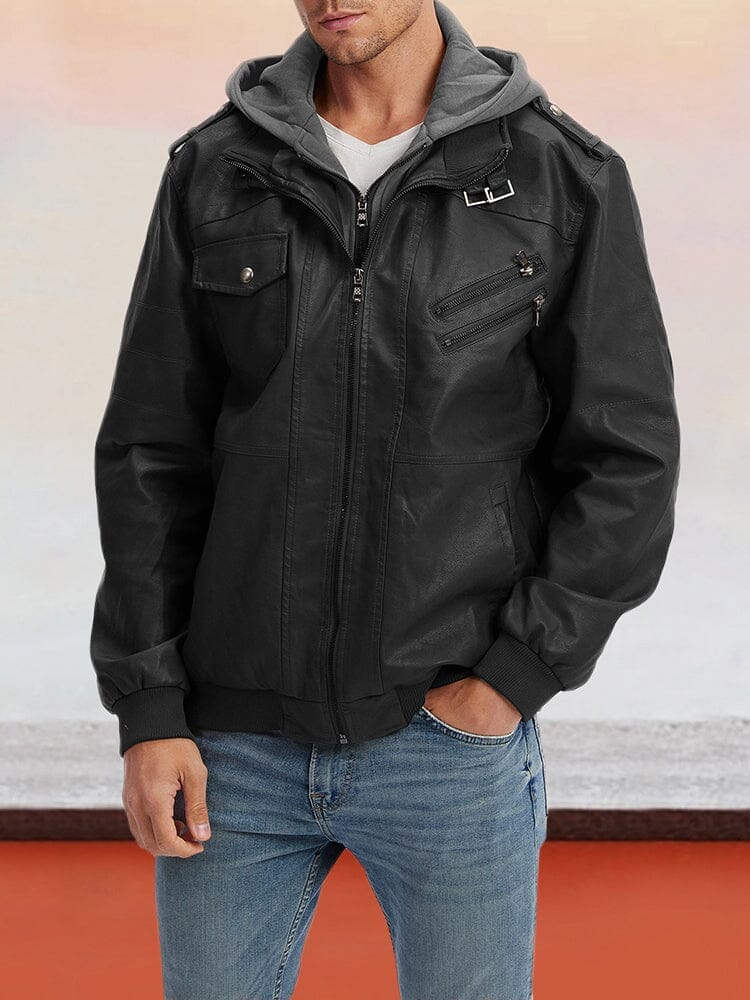 Leather PU Jacke with Abnehmbare Hut