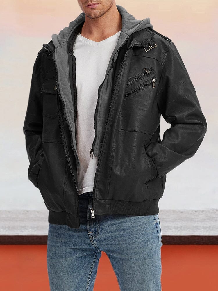 Leather PU Jacke with Abnehmbare Hut