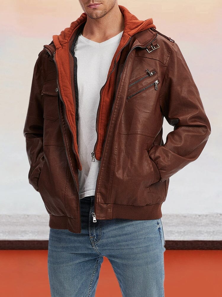 Leather PU Jacke with Abnehmbare Hut