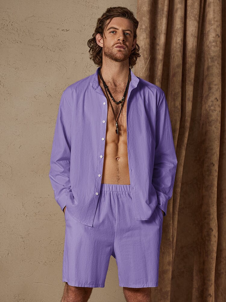 Casual Uni Color Baumwolle Leinen Strand Hemd Set
