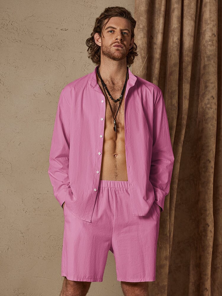 Casual Uni Color Baumwolle Leinen Strand Hemd Set