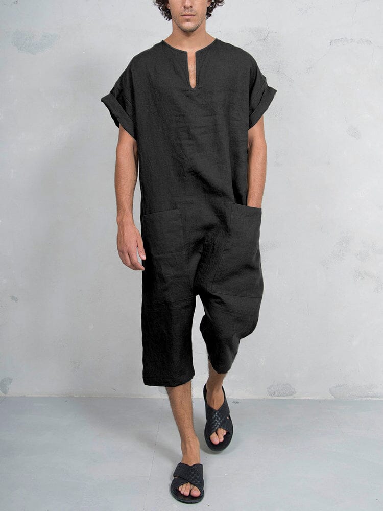 Kurz Ärmel Baumwolle Leinen Jumpsuit