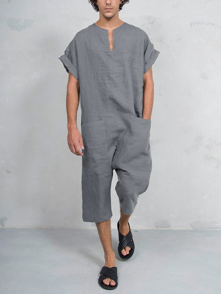 Kurz Ärmel Baumwolle Leinen Jumpsuit
