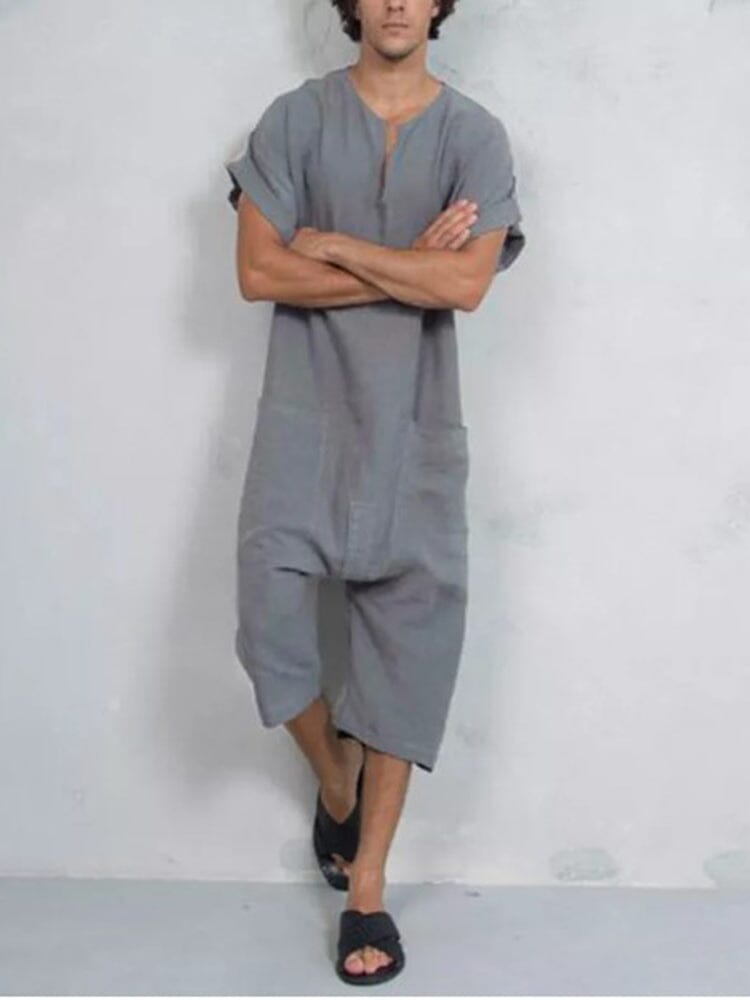 Kurz Ärmel Baumwolle Leinen Jumpsuit