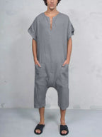 Kurz Ärmel Baumwolle Leinen Jumpsuit