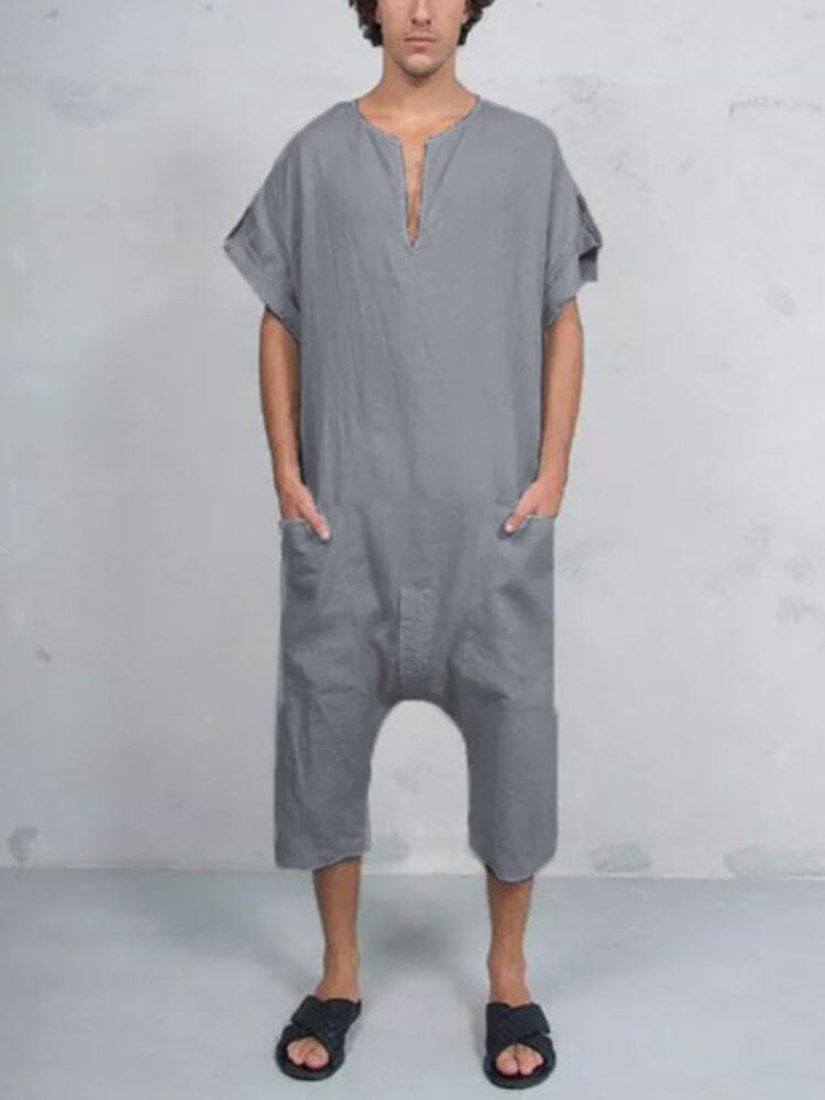 Kurz Ärmel Baumwolle Leinen Jumpsuit