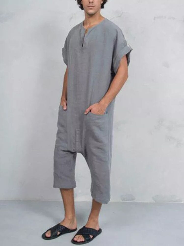 Kurz Ärmel Baumwolle Leinen Jumpsuit