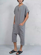 Kurz Ärmel Baumwolle Leinen Jumpsuit