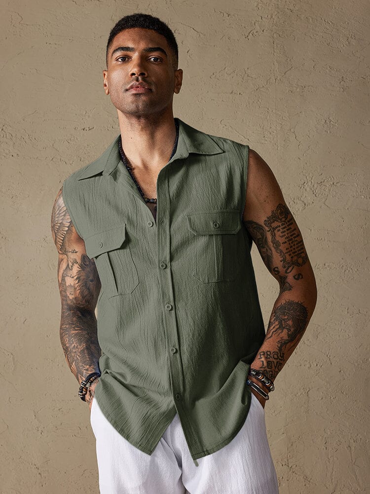 Baumwolle Leinen Sleeveless Knopf Hemd with Pockets