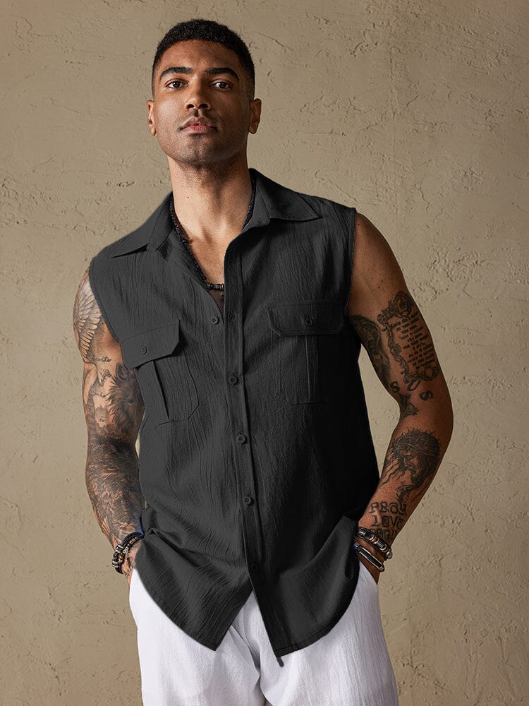 Baumwolle Leinen Sleeveless Knopf Hemd with Pockets