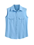 Baumwolle Leinen Sleeveless Knopf Hemd with Pockets
