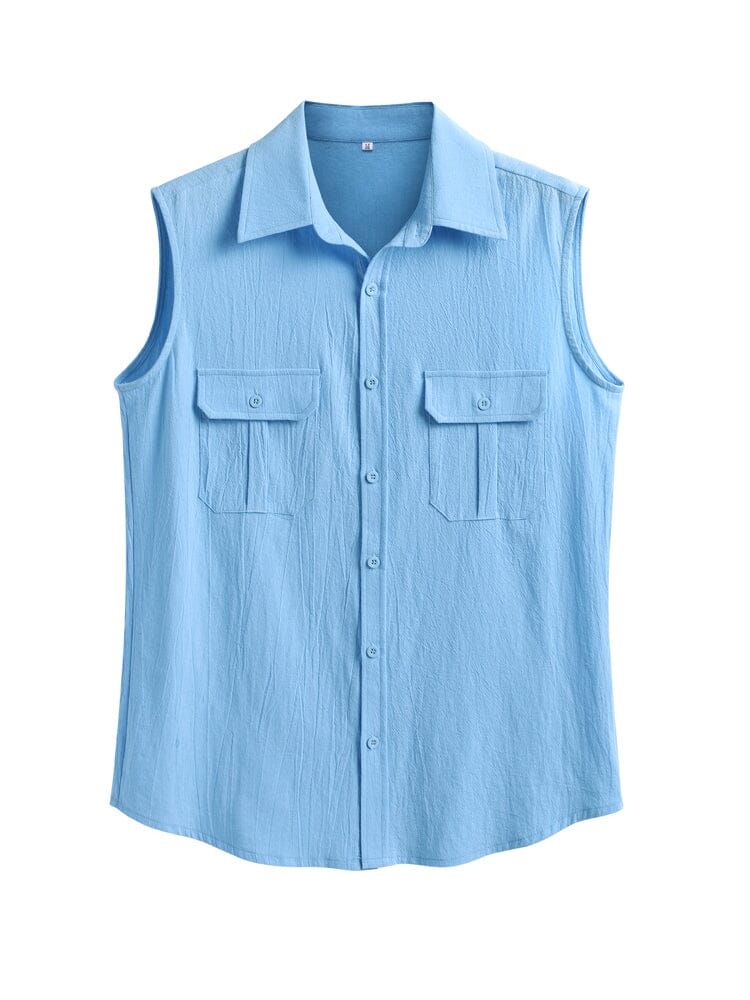 Baumwolle Leinen Sleeveless Knopf Hemd with Pockets
