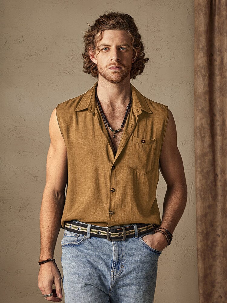 Uni Knopf Sleeveless Baumwolle Leinen Casual Hemd
