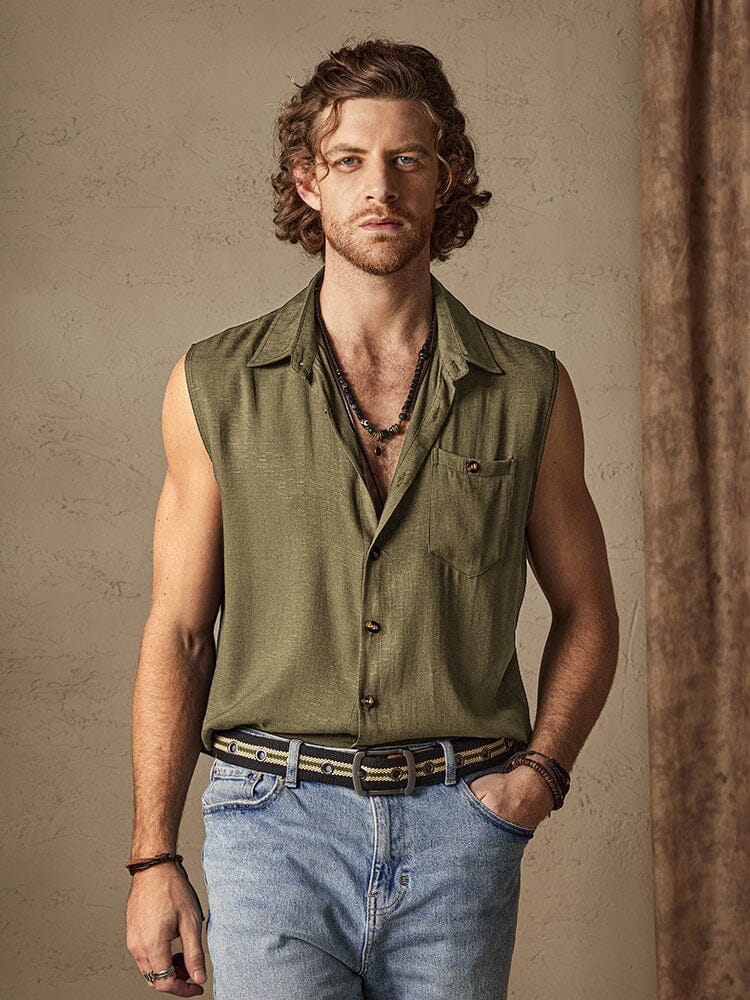 Uni Knopf Sleeveless Baumwolle Leinen Casual Hemd