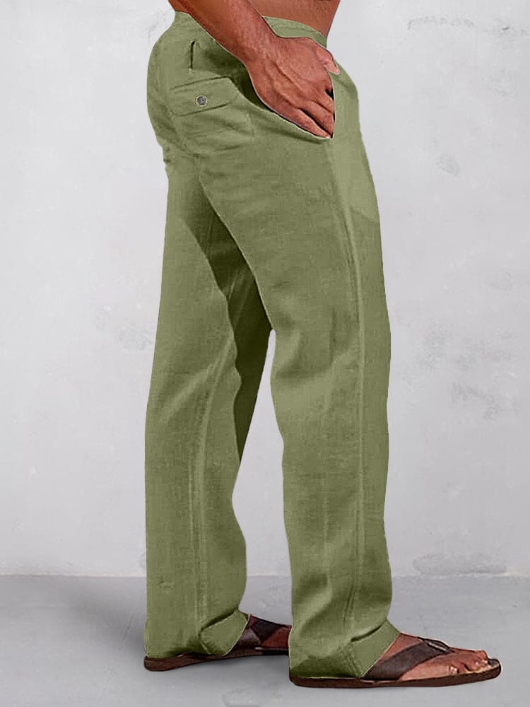 Casual Uni Elastische Waist Baumwolle Leinen Straight Hose